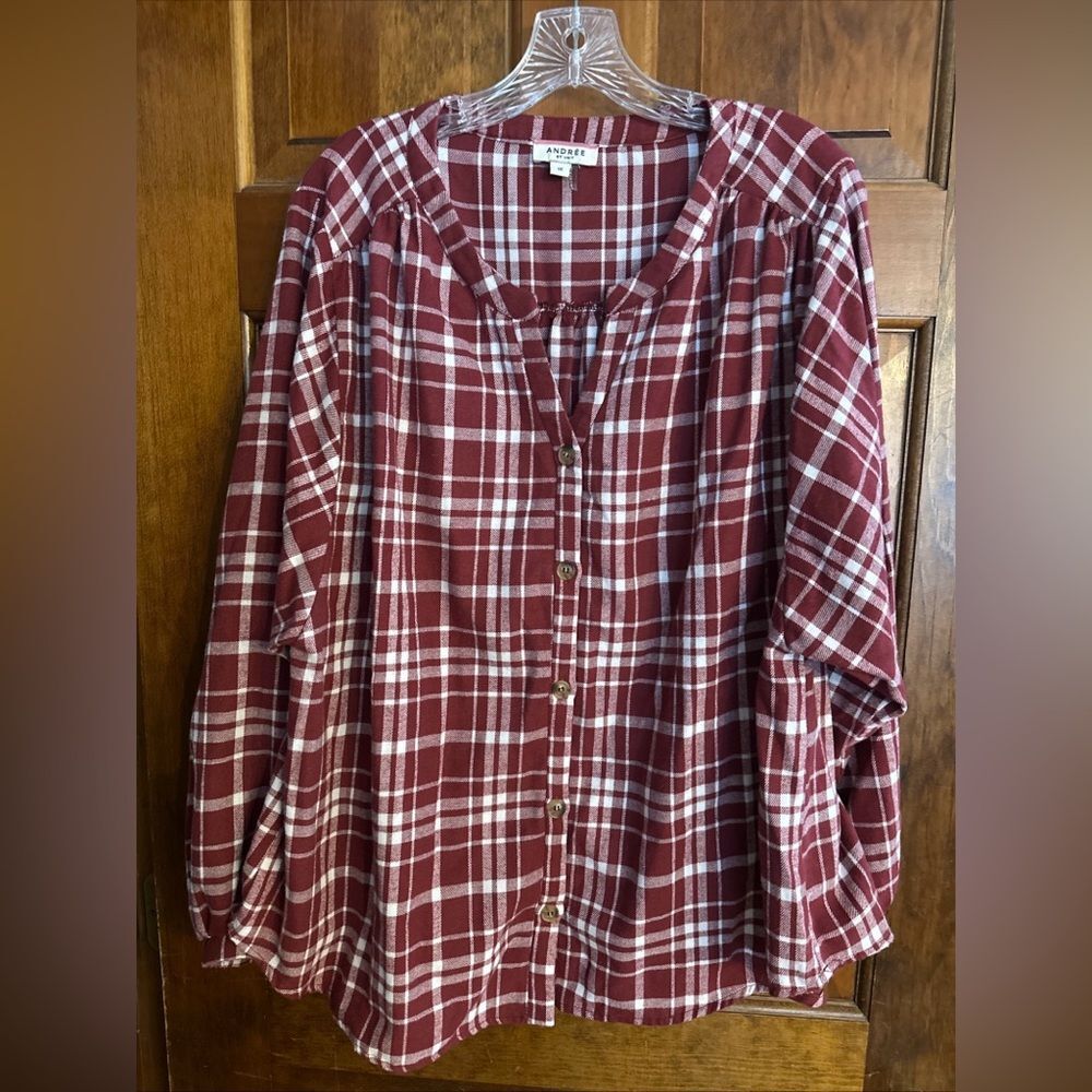 Andree By Unit Shirt Burgundy White Plaid Long Wide Sleeve Button Up Size 1X